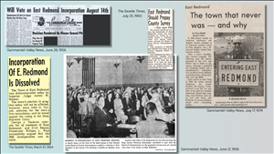 Five newspaper clippings on a light blue background. One says incorporation of east redmond dissolved. Another says will vote on East Redmond incorporation August fourteenth. One says East Redmond should prepay county survey. Another shows a large group of people sitting in rows in a room that looks like a court room. The caption says Interest in proceedings at East Redmond hearing. The last clipping shows a man in sunglasses holding a road sign that says Entering East Redmond. The headline above says the town that never was and why. 